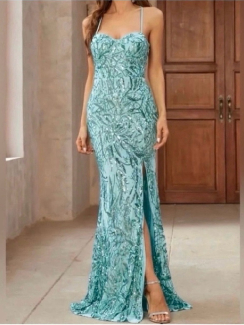 Elegant Seafoam Green Beaded Evening Gown - Women Dresses